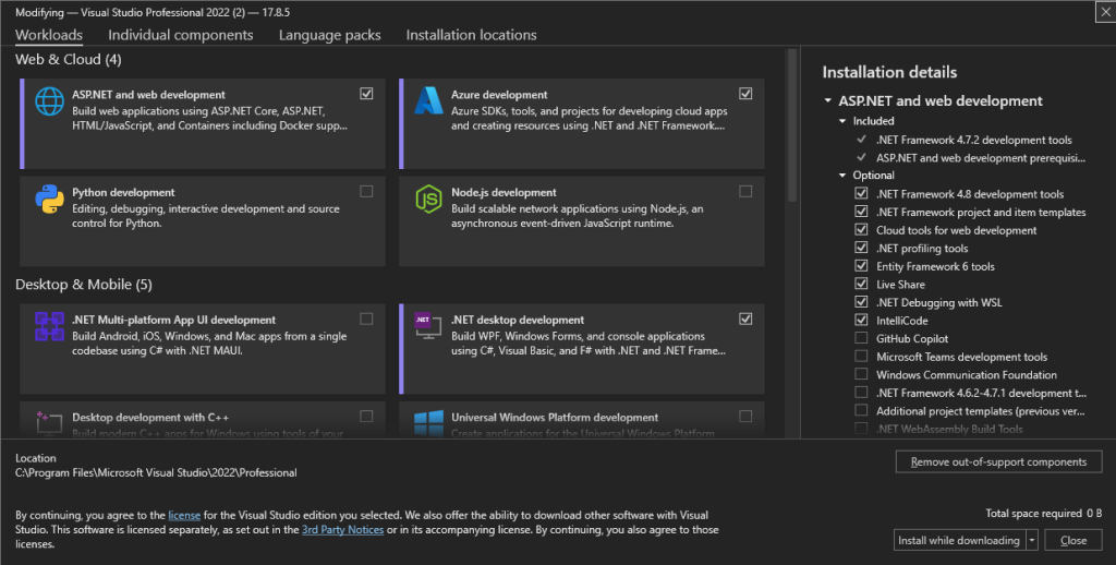 Visual studio modify page with Azure development selected