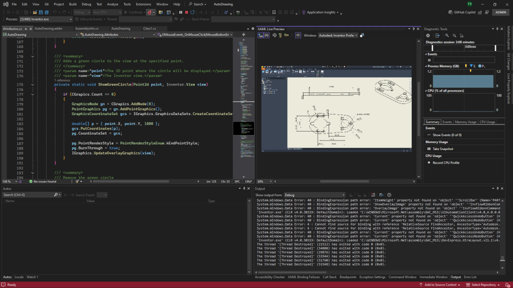 Visual Studio showing code implementation for Autodesk Inventor custom selection methods with a drawing interface and debugging output visible.